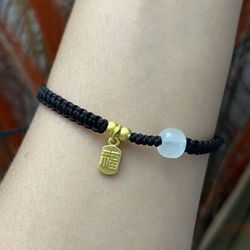 Unisex Black Hand woven good luck bracelet, gold happiness tag white jade chain chunky cuff bangle bracelet