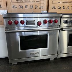 Wolf 36”Wide Dual Fuel Range Stove 6 Burners In Stainless Steel 