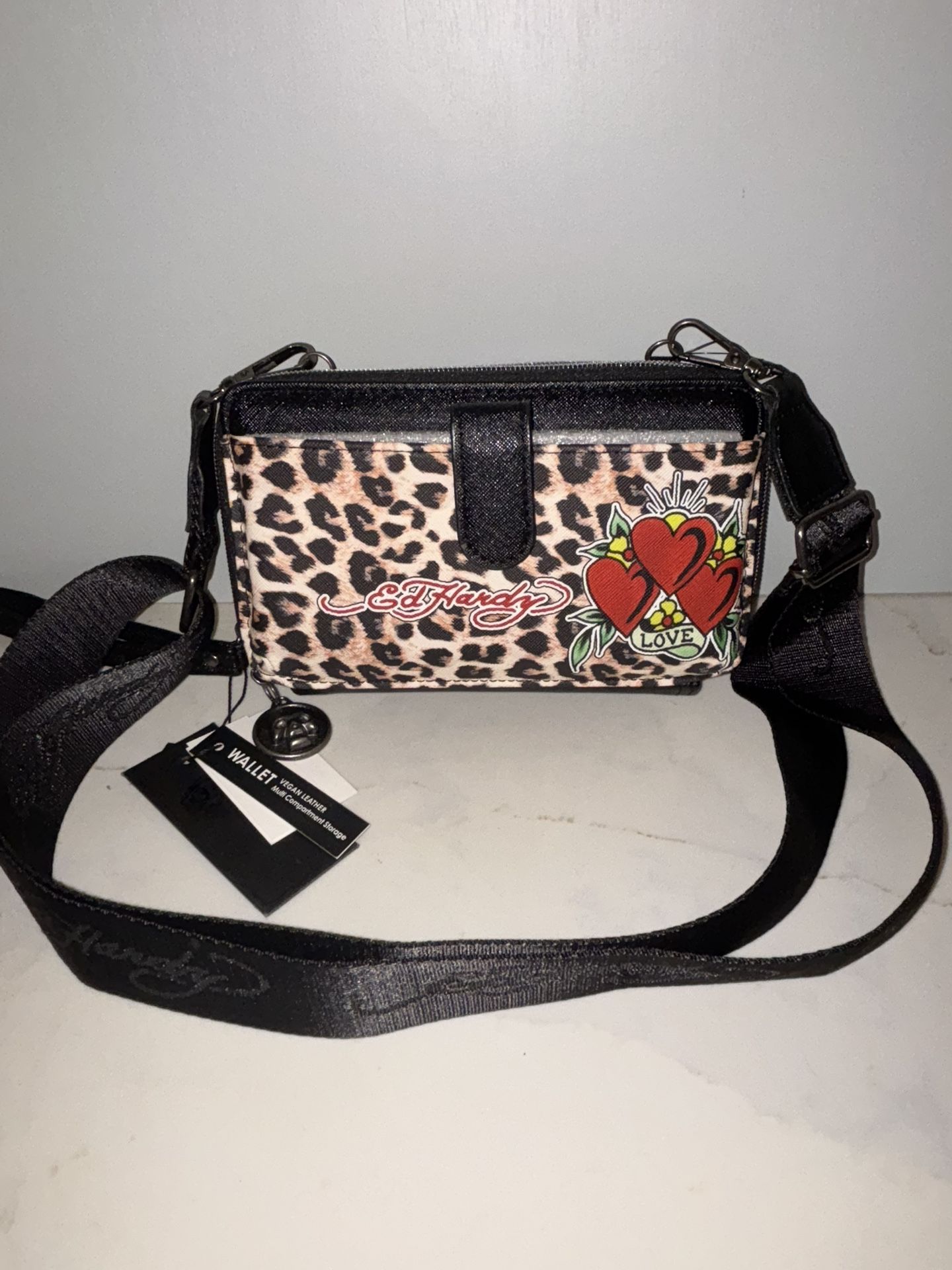 NWT Ed Hardy Cheetah Love Hearts Mini Crossbody Wallet | Y2K Statement Bag