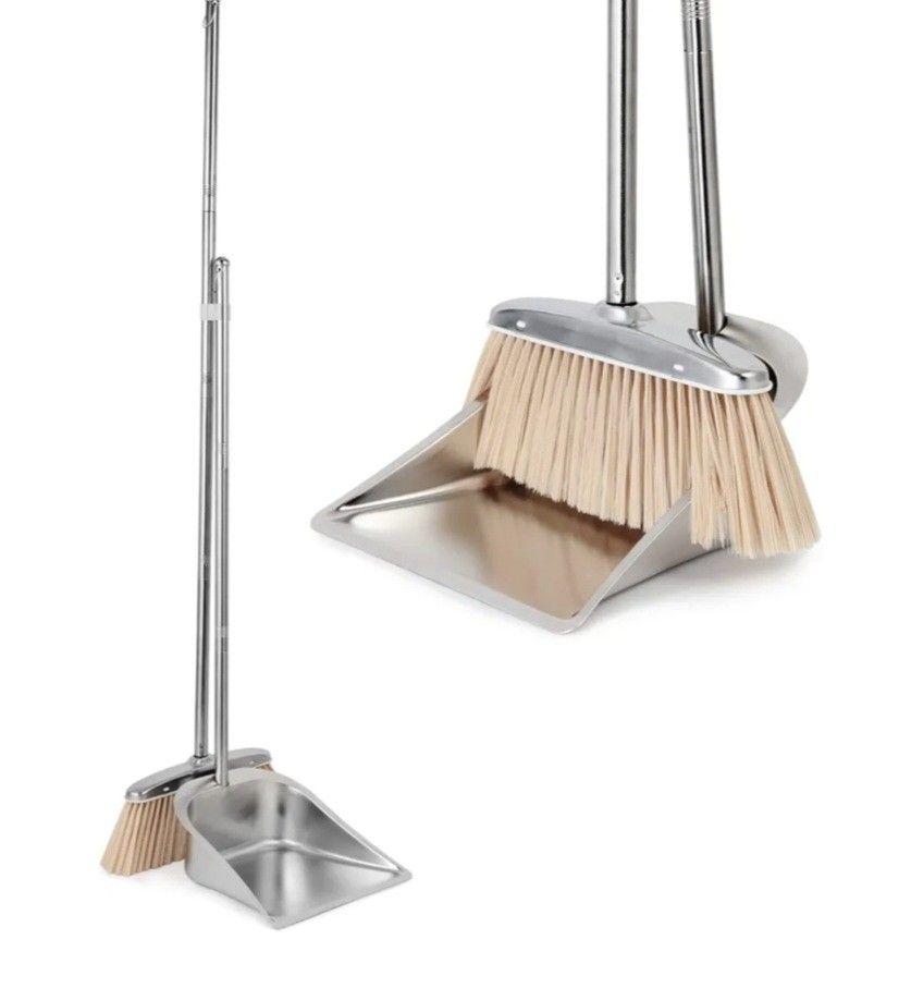 Broom and Dustpan Set~Stainless Steel Broom and Dustpan Set with Long Handle, Heavy Duty Dustpan Broom Set Standing Dust Pan Kitchen & Home