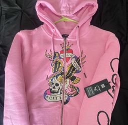 NWT Ed Hardy "Flying Skull" Pink Cropped Zip-Up Hoodie