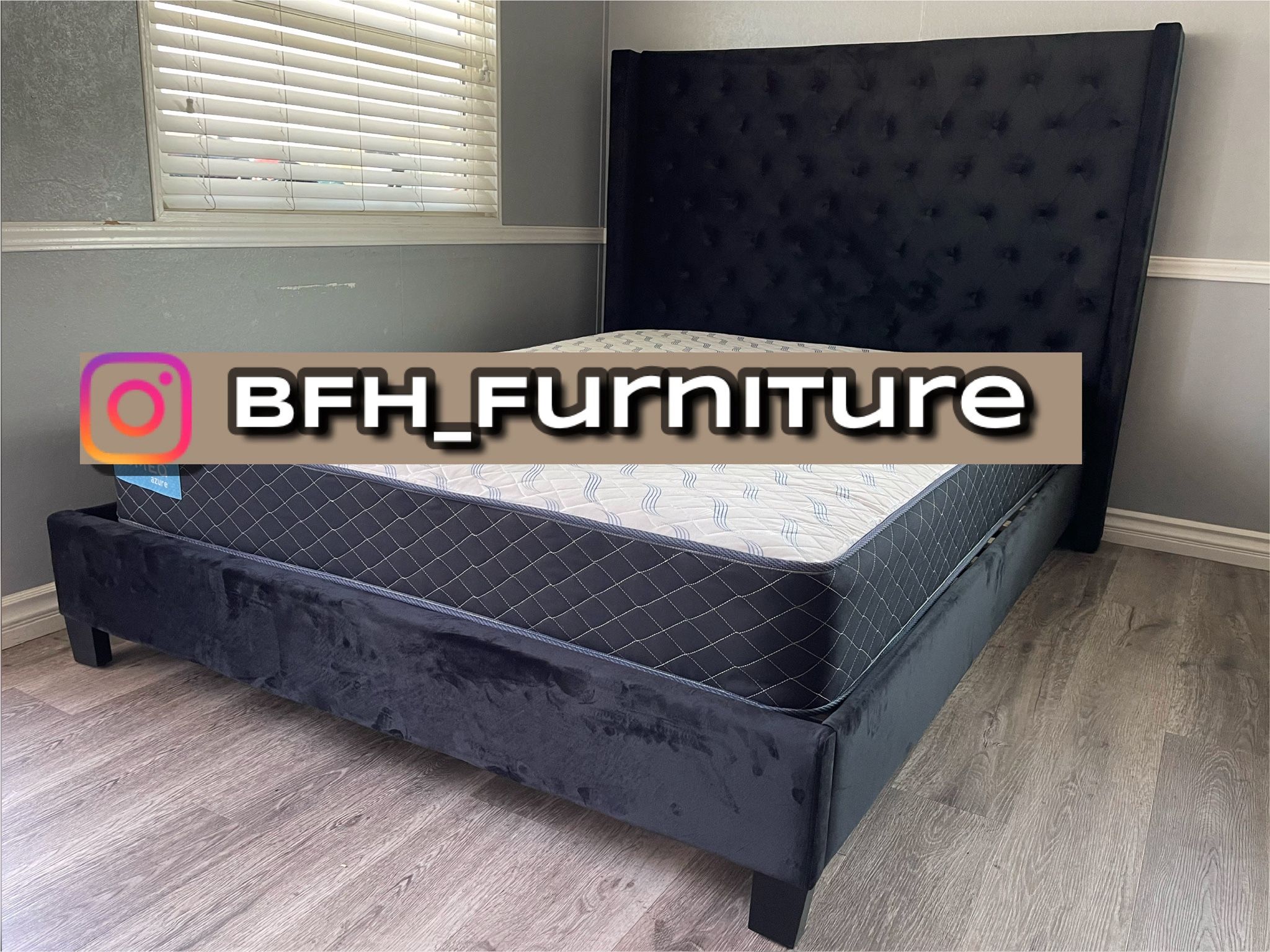 King Size Black Chanelle Wingback Platform Bed w. Orthopedic Mattress Included