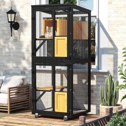 4 Tiers Catio Outdoor Cat Enclosure, Outdoor Cats House with 4 Wheels, Cat Enclosure Window Access with Removable Floor, Upgraded Resting Box, Waterpr