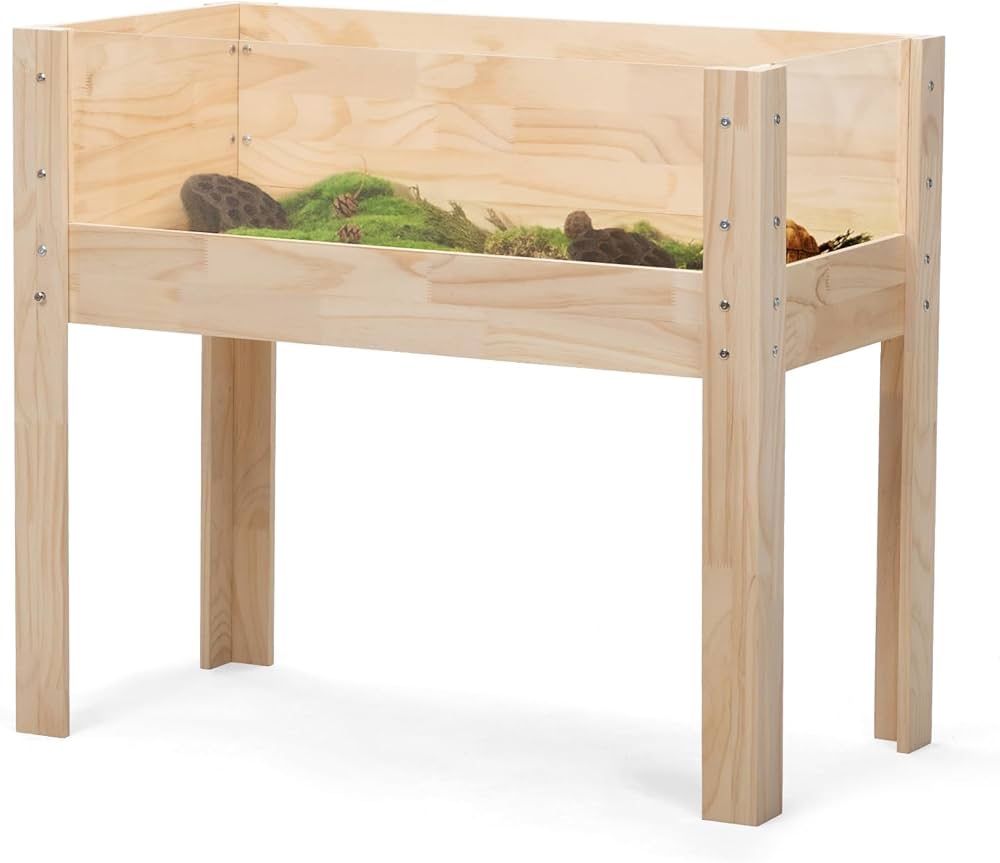 Wooden Tortoise Habitat Indoor, Tortoise Enclosure Turtle House with Legs & Visible Acrylic Window, Large Reptile Cage for Small Animals, Outdoor Rais