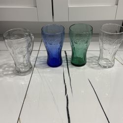4 Coca Cola Vintage Glass Collectible Cups, Sapphire Blue, Green and Clear