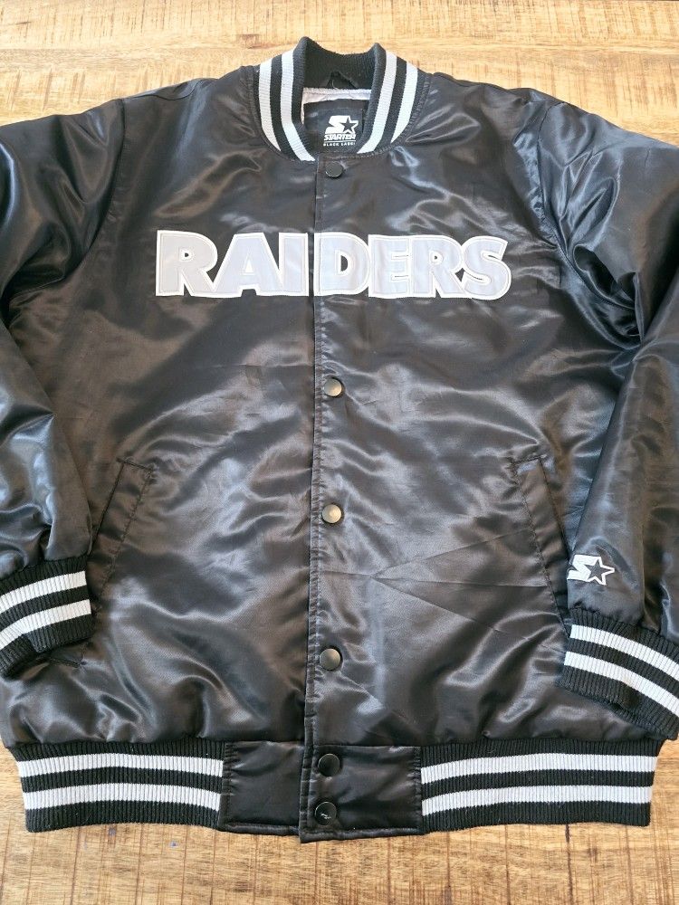Men's Starter Black Label Raiders Black Satin Bomber Jacket Size Large