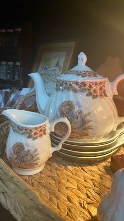 Vintage Ceramic Teapot with Turkey and Floral Pattern