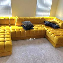 
\ASK DISCOUNT COUPON` sofa Couch Loveseat Living room set sleeper recliner daybed futon 🏆AR Yellow Velvet Double Chaise Sectional 