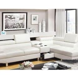 Brand New White Contemporary Bluetooth Sectional With Speaker Console