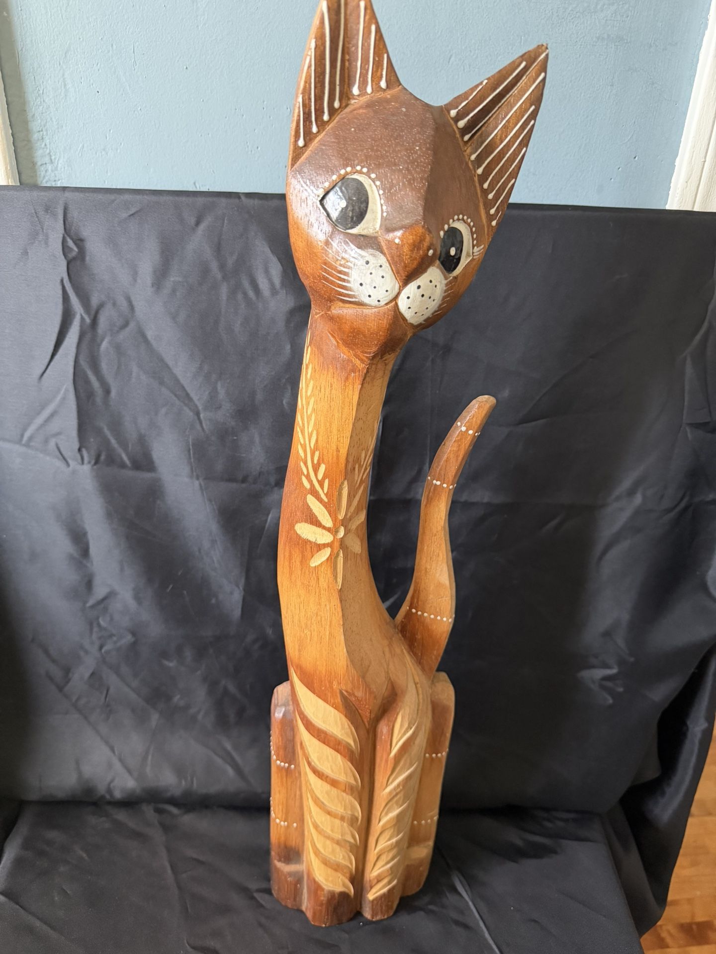 Whimsical Cat Carved Wood, Hand Painted Statue