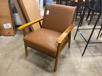 ANJI LONGWIN Brown Faux Leather Wood Framed MCM Chair
