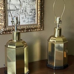 Vtg Pair BRASS Table Lamps (2) Octagon Ginger Jar 3-Way Light Hollywood Regency $175