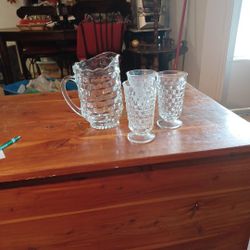 VTG.  Clear Whitehall Cubist Pitcher And 3 Glasses.