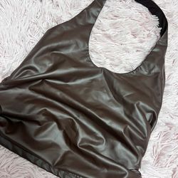 Y2K brown halter fake leather top