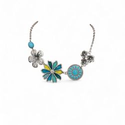 Blue and Silver Floral Necklace Turquoise Yellow Enamel
