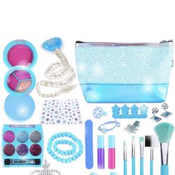 Makeup Kit Toys - Pretend Play Princess Make Up Set Gifts for Girls Frozen Nail Polish Brush Cosmetic Bag Little Girl Stuff Birthday Christmas for Kid