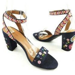 Denim Floral Heeled Sandals Size 9