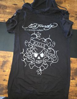 Ed Hardy by Christian Audigier Hooded Short Sleeve Top | Size L | Authentic | Y2K