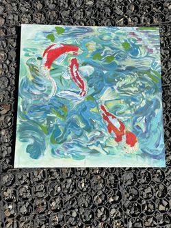 24x24 Hand Painted Original al Canvas Wall Art - Created With Acrylic Paint - Serene Japanese Koi Fish Water -  Teal, Mint Green, Deep Orange 