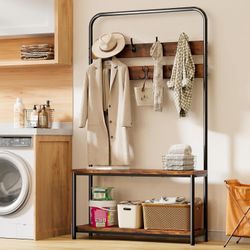 New Hall Tree with Bench and Shoe Storage, Coat Rack Organizer, 14 Hanging Points & Anti-Tip Design, 7 Hooks &Deep Storage, Rustic Brown  New in box T