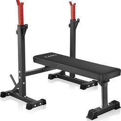 Bench Press , FOLDS FLAT Plus 7ft Bar COMBO Plus Rubber Coated Weight Plates.