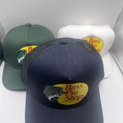3 BASS PRO SHOP HATS “ SNAPBACK” *LIGHTLY USED” White , Blue , GREEN