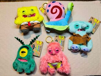 Complete Set of 5 Fuggler SpongeBob SquarePants Plush Keychains - Patrick, Squidward, Gary, Plankton, SpongeBob