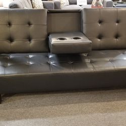 Brand New Black Faux Leather Sofa Futon With Cup Holder