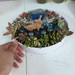 Cactus Terrarium Bowl With Animals. And Faux Water Pond, And Stones 