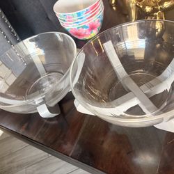 2 Glass Bowls On Grey Wood Stands 