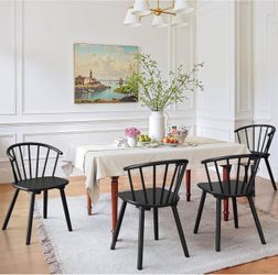 Set Of 4 LUE BONA Black Dining Chairs Set of 4, Farmhouse Wood Dining Chairs with Semicircular Backrest, Spindle Dining Chair for Kitchen and Dining R