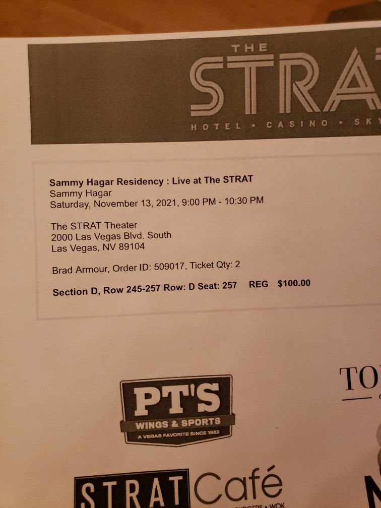 Sammy Hagar (2) Tickets For November 13 At The STRAT in LAS Vegas.