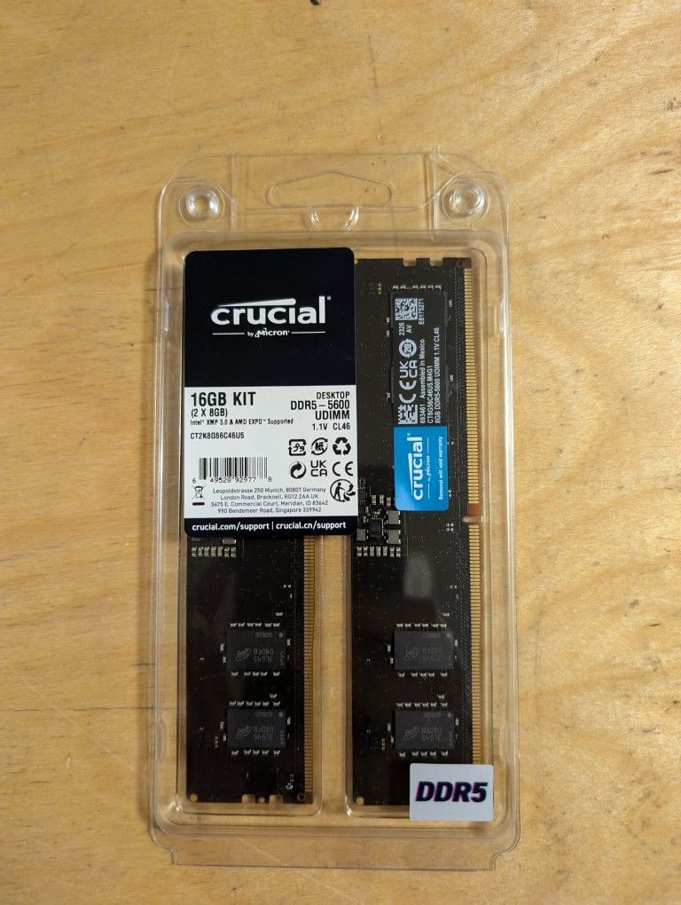 16GB DDR5 5600mhz Crucial Memory 2x8 Kit