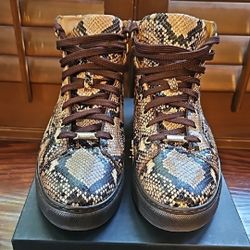 MISTER BROWN PYTHON PRINT/ CALF-SKIN LEATHER HIGH-TOP SNEAKERS