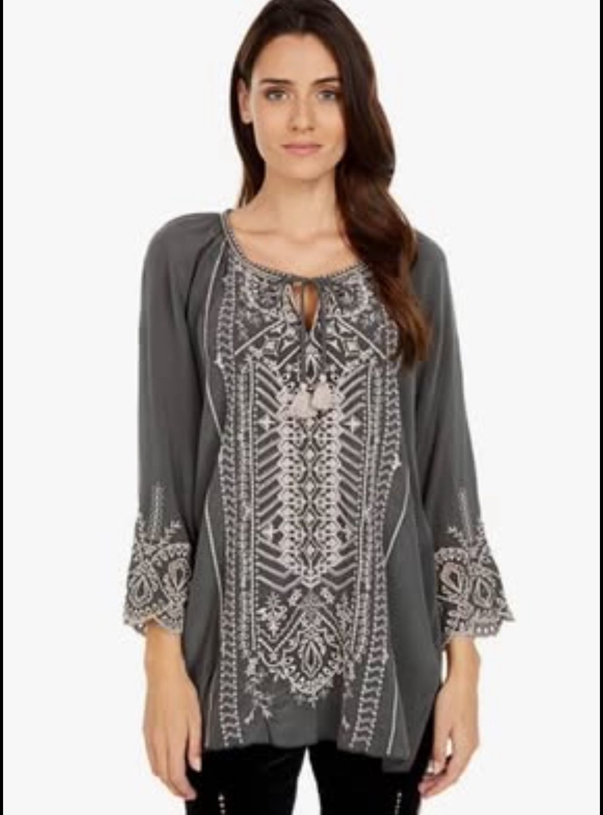 Johnny Was Luana Peasant Embroidered Silk Tassel-Tie Tunic Size Medium