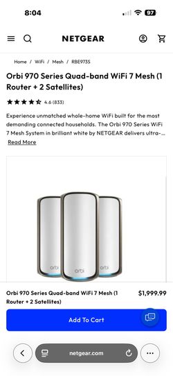 Orbi 970 mesh system for sale. 1 router and 2 sattelites.