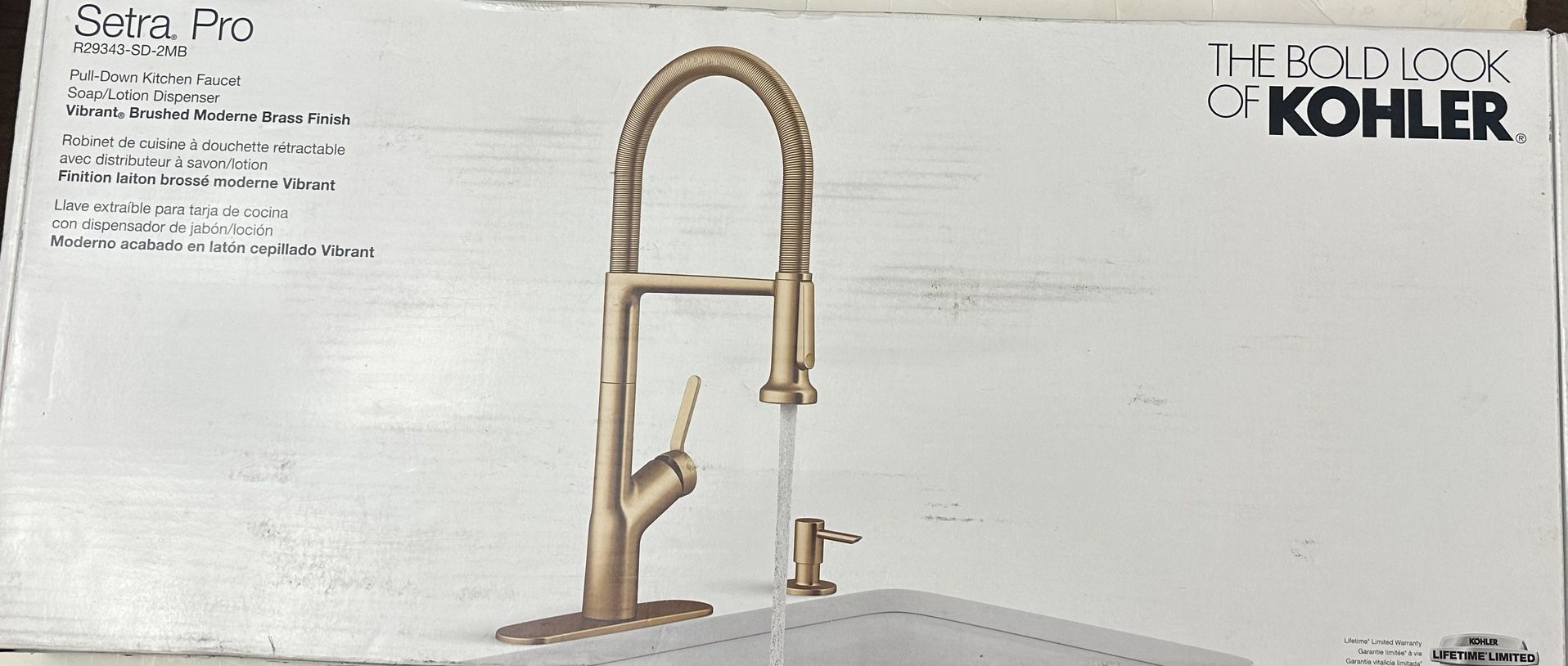 Kohller Setra Single-Handle Semi-Professional Kitchen Sink Faucet with Soap Dispenser in Vibrant Brushed Moderne Brass