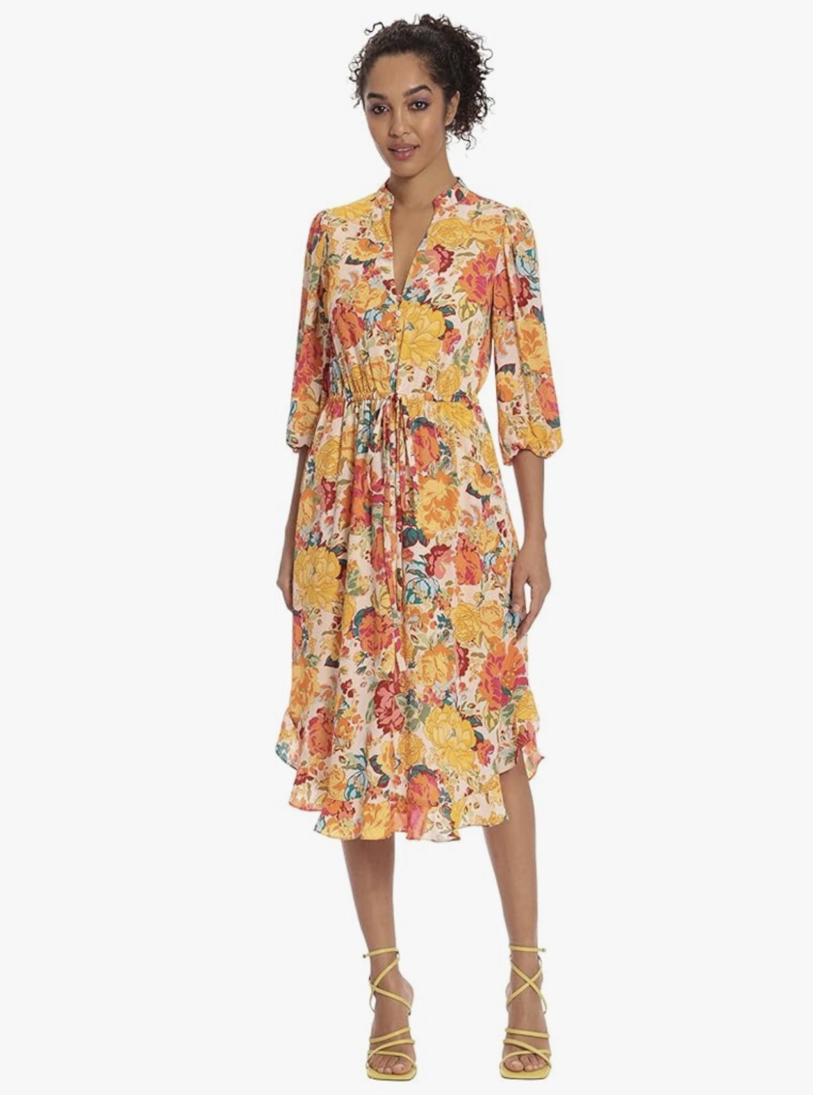 Donna Morgan Bright Yellow/Orange Print Midi Dress