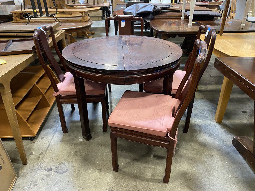 6pc Asian Imperial Redwood Dining Set w/ Pink Cushions & Leaf