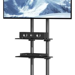 VEVOR Mobile TV Stand, Mobile TV Cart for 32 to 70 inch TVs, Height Adjustable Portable TV Stand with Wheels, Double Tray for Audio-Visual Devices, Ro
