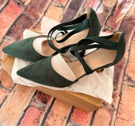 Green Suede Pointed-Toe Block Heel Pumps