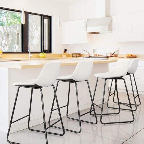 26 Inch White Faux Leather Bar Stools Metal Frame Counter Height Bar Stools (Set of 4)