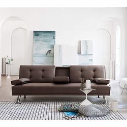 New Sofa Bed Modern Faux Leather Bed Convertible Folding Recliner for Living Room with 2 Cup Holders and Armrest Modern PU Leather Convertible Futon w