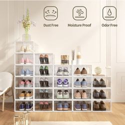 Pack Large Shoe Organizer Storage Boxes for Closet, Modular Space Saving Shoe Boxes Clear Plastic 12ct