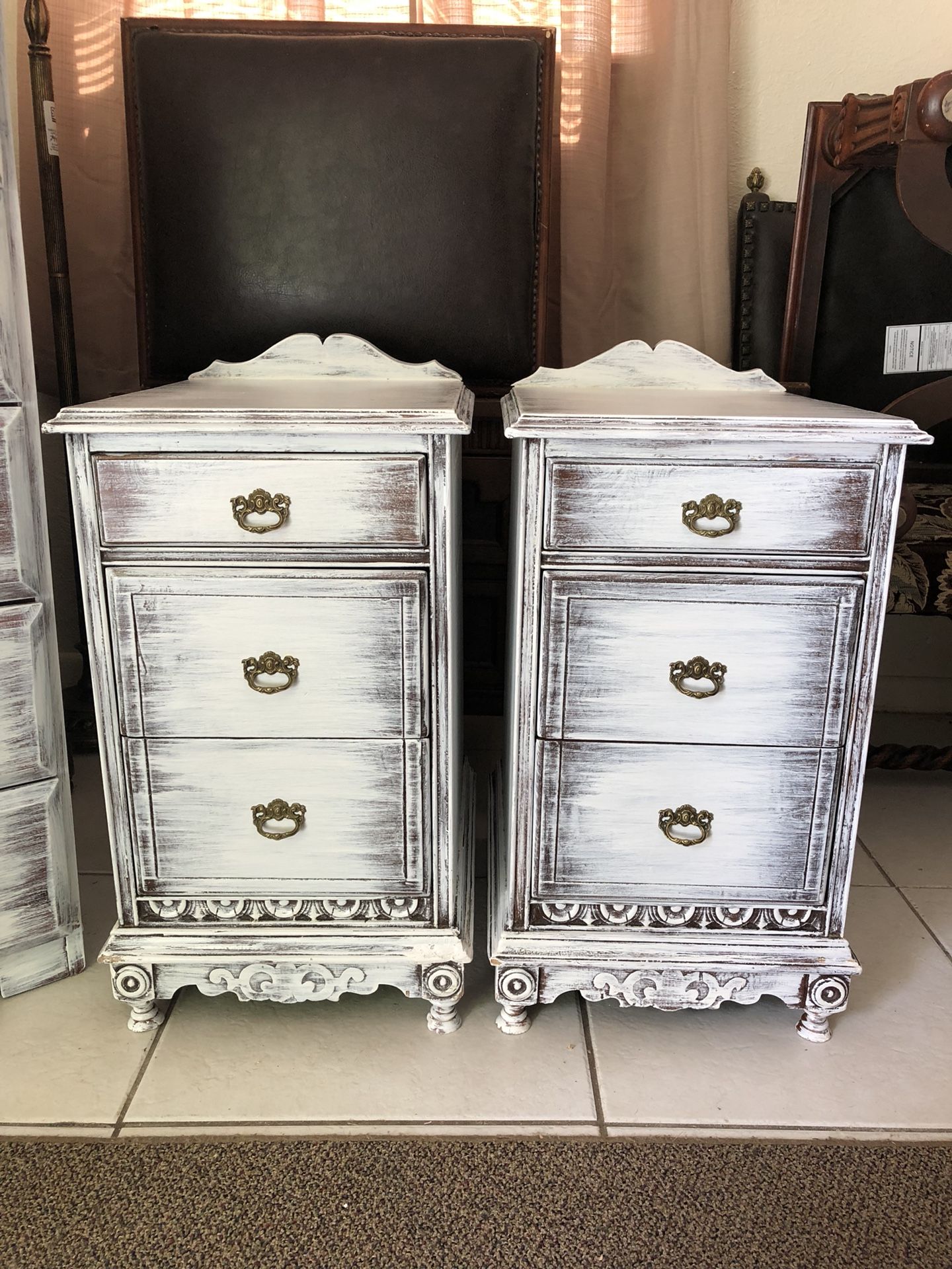 Vintage NightStand Pair 3 Drawers Rustic White Wood Shabby Chic