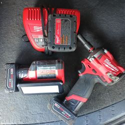 Milwaukee Impact Drill, Batteries, Charger + Light