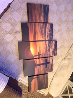 5-Panel Cross Sunset Canvas Wall Art 50”Wx24”H
