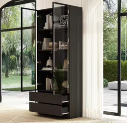 78.7 in. Black Wooden Accent Storage Cabinet With 2-Glass Doors, Drawers, Multiple Shelves, LED Lights