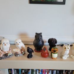 Owls (ceramic, stone) and Ravens (candles)
