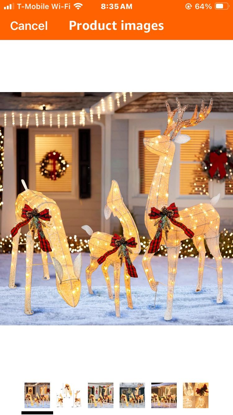 3-Piece Pre-Lit Reindeer Family Set, 3D Plug in 100+Warm White Led Lighted Decoration, Waterproof Outdoor Christmas Deer Decor for Yard, Patio, Lawn